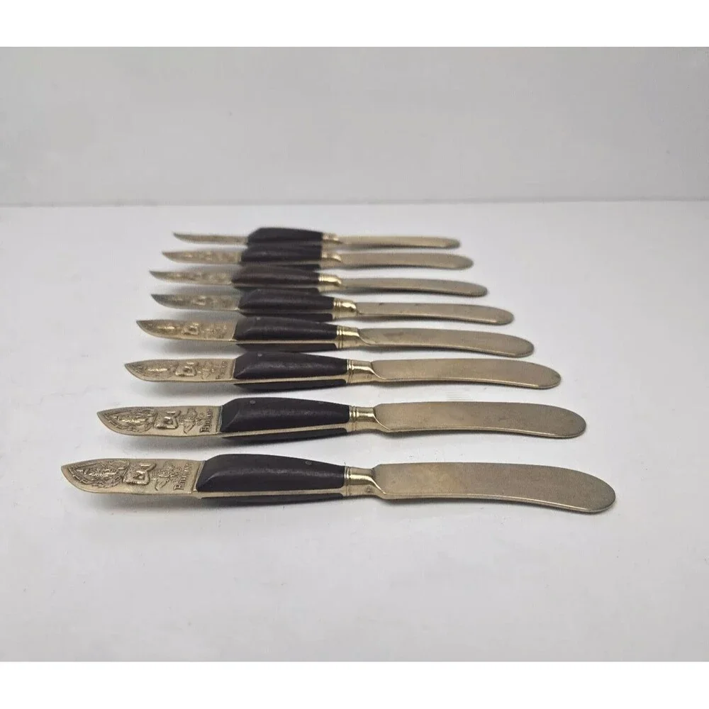 Vintage 8 Cheese Spreader Knives Buddha Bronze Brass Rosewood Siam Thailand 6” - Picture 6 of 13